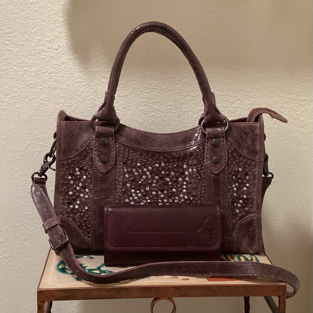 RARE Frye (Deborah) Studded Handbag with Wallet, Dusty Wine